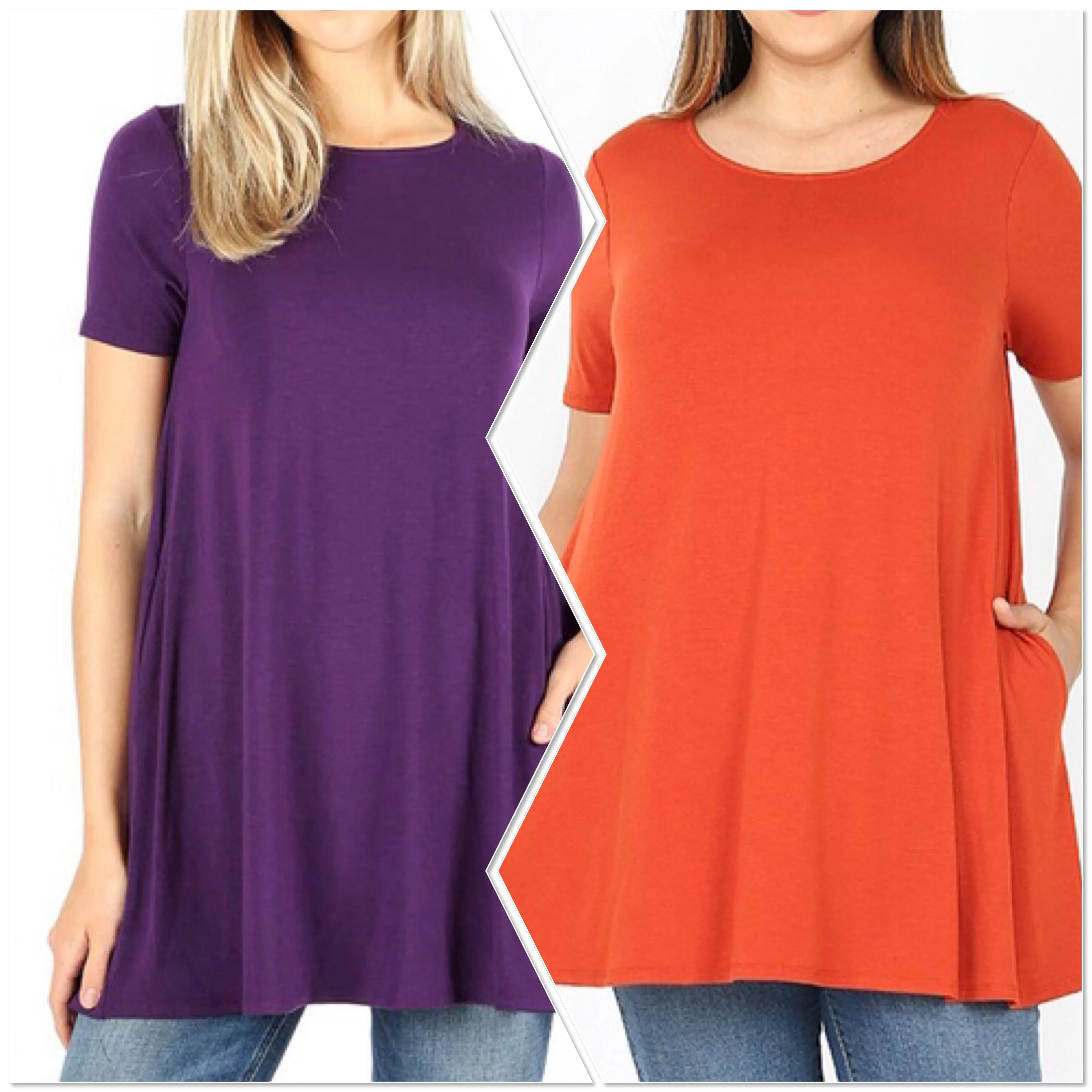 Plus Size Copper Round Neck Tunic Pocket Tops