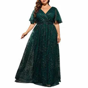 Plus Size Dark Green Embroidered Bridesmaid Dress A-Line Evening Prom Gown