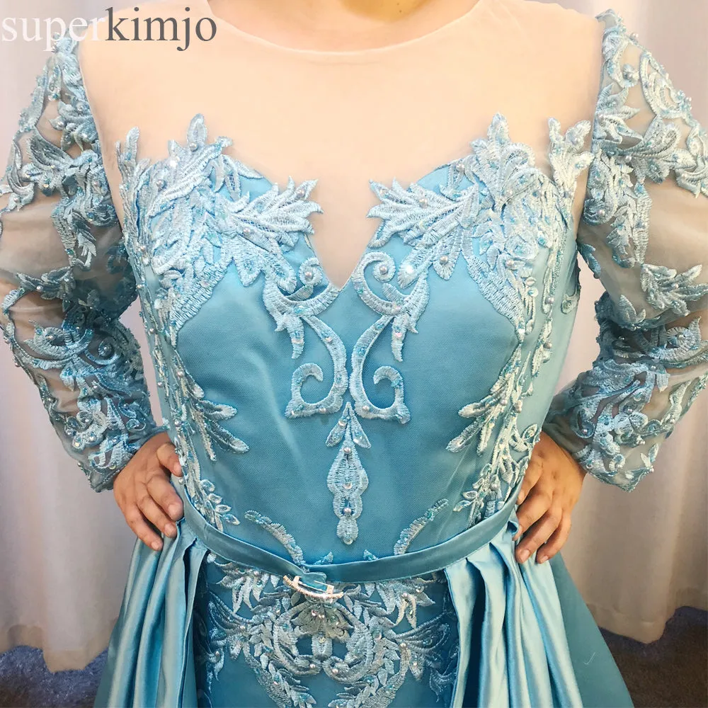 plus size evening dresses 2020 detachable skirt blue lace appliqué beaded evening gowns long 2019 formal dress