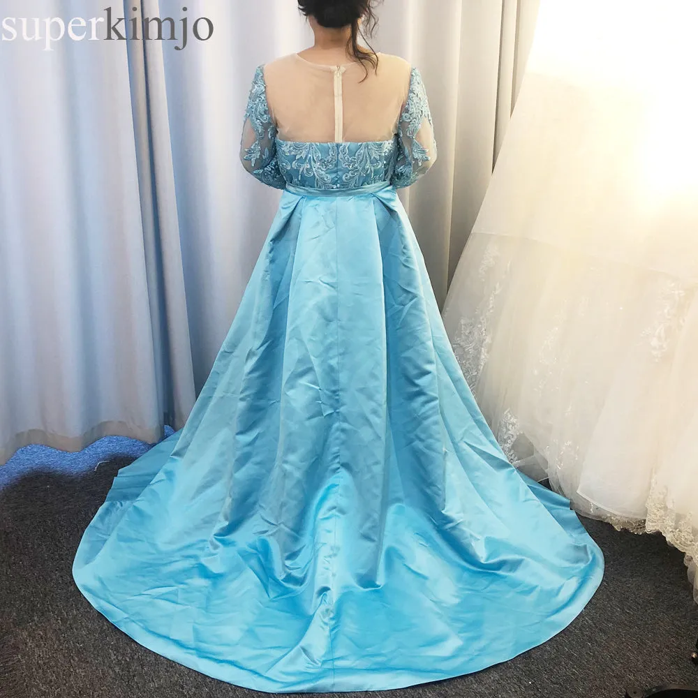plus size evening dresses 2020 detachable skirt blue lace appliqué beaded evening gowns long 2019 formal dress