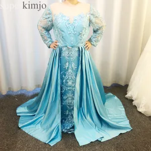 plus size evening dresses 2020 detachable skirt blue lace appliqué beaded evening gowns long 2019 formal dress