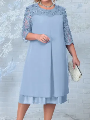 Plus Size Layered A-Line Dress with Floral Lace Sleeves Embroidered Chiffon Elegant Evening Party Prom Dress