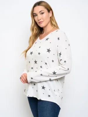 PLUS SIZE LONG SLEEVE STARS PRINT TOP