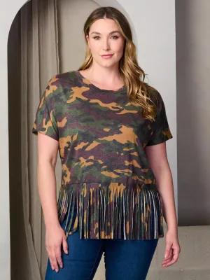 PLUS SIZE SHORT SLEEVE FRINGE BOTTOM HEM TUNIC CAMO PRINT TOP