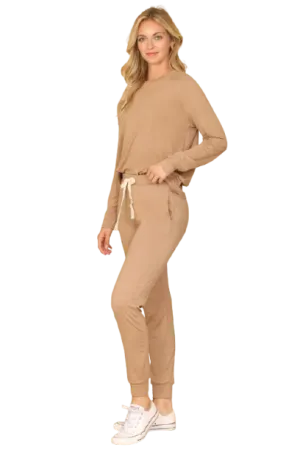 Plus Size Solid Long Sleeve Top and Joggers Set with Self Tie Portabella - Pack of 6