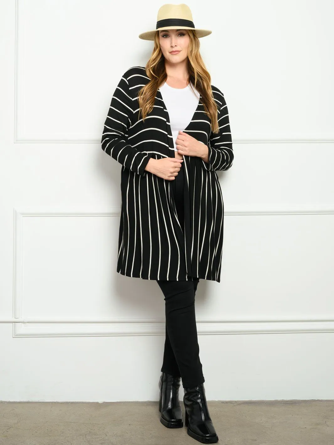 PLUS SIZE STRIPES TUNIC LONG SLEEVE CARDIGAN