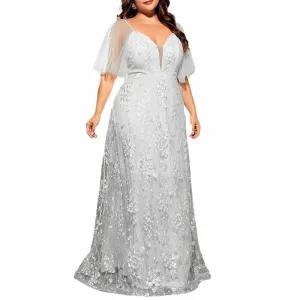 Plus Size White Prom Dress Short Sleeve A-Line Lace Wedding Ball Gown