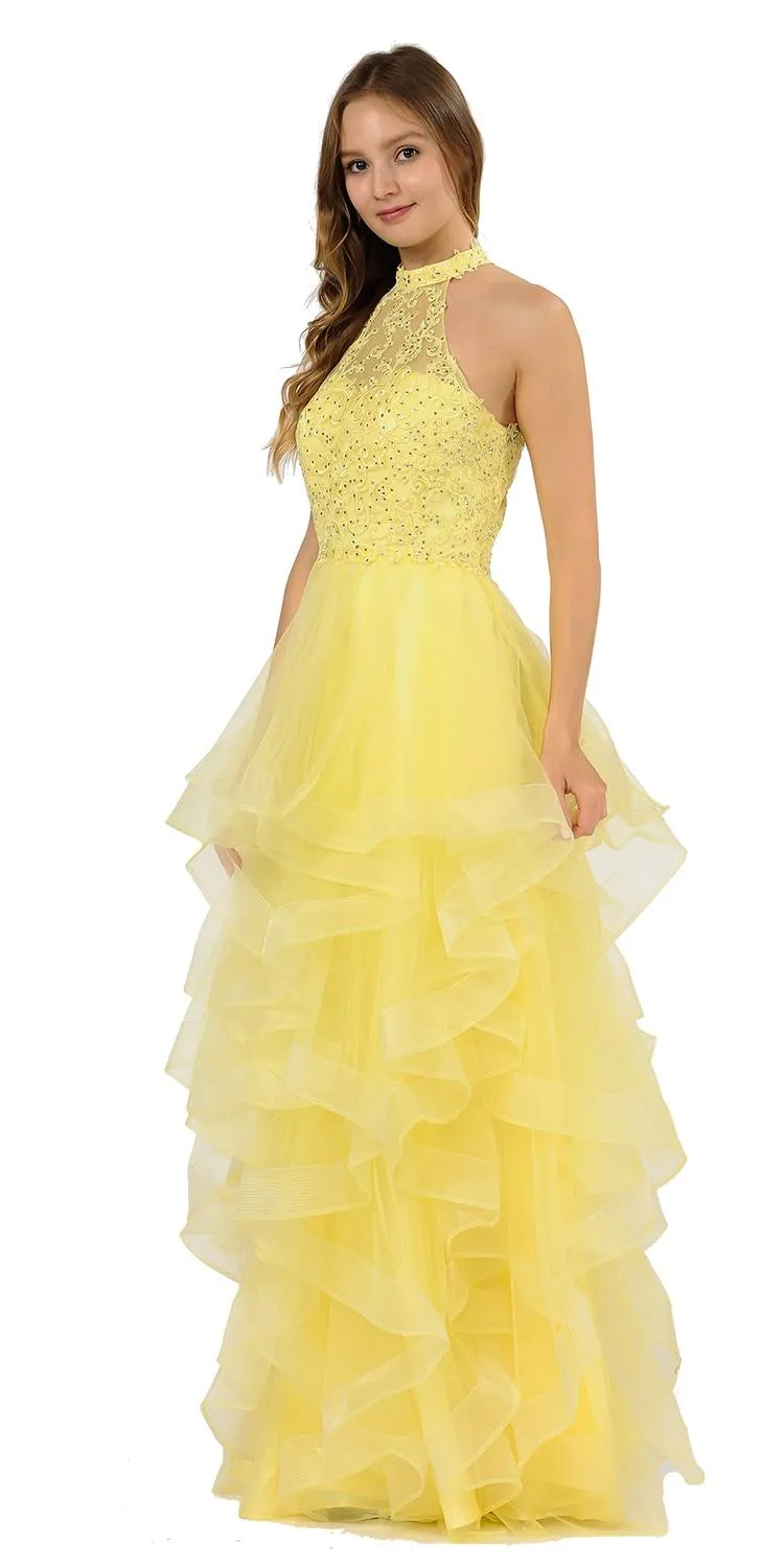 Poly USA 8372 Halter Tiered Long Prom Dress
