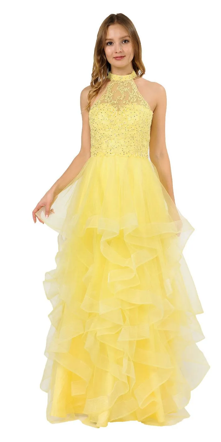 Poly USA 8372 Halter Tiered Long Prom Dress