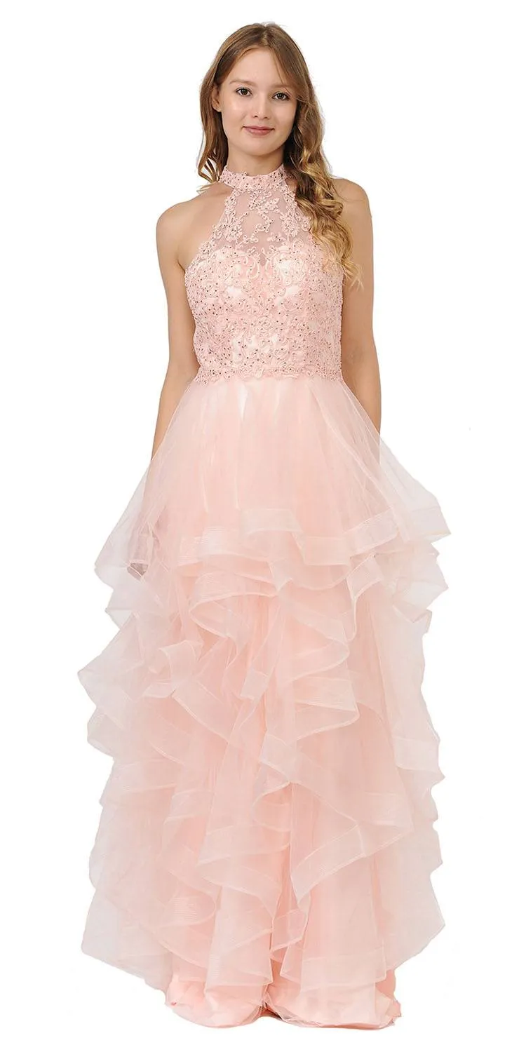 Poly USA 8372 Halter Tiered Long Prom Dress