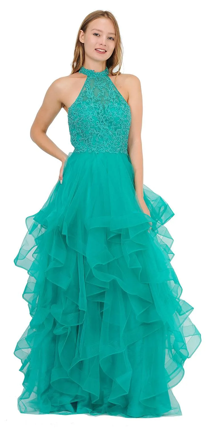 Poly USA 8372 Halter Tiered Long Prom Dress