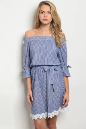 PRE-ORDER || Striped Embroidered Hem Dress | Blue