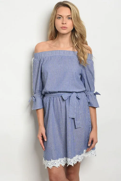 PRE-ORDER || Striped Embroidered Hem Dress | Blue