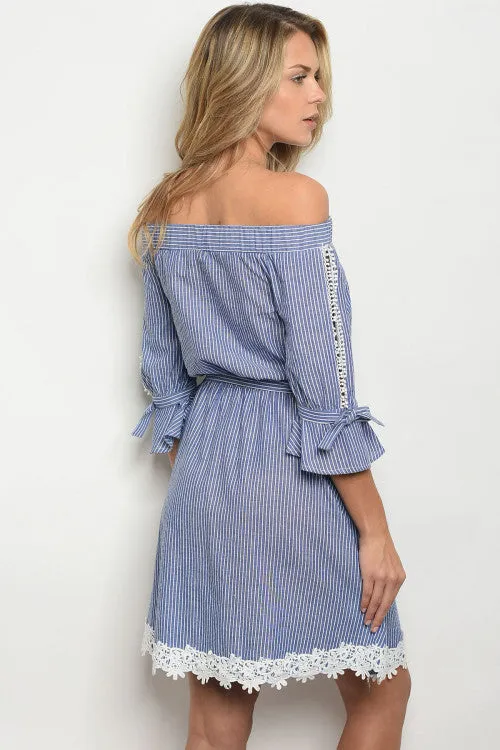 PRE-ORDER || Striped Embroidered Hem Dress | Blue