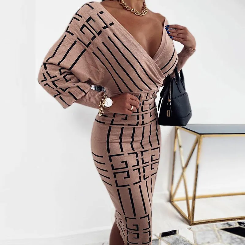 Printed Long Sleeve Wrap Dress