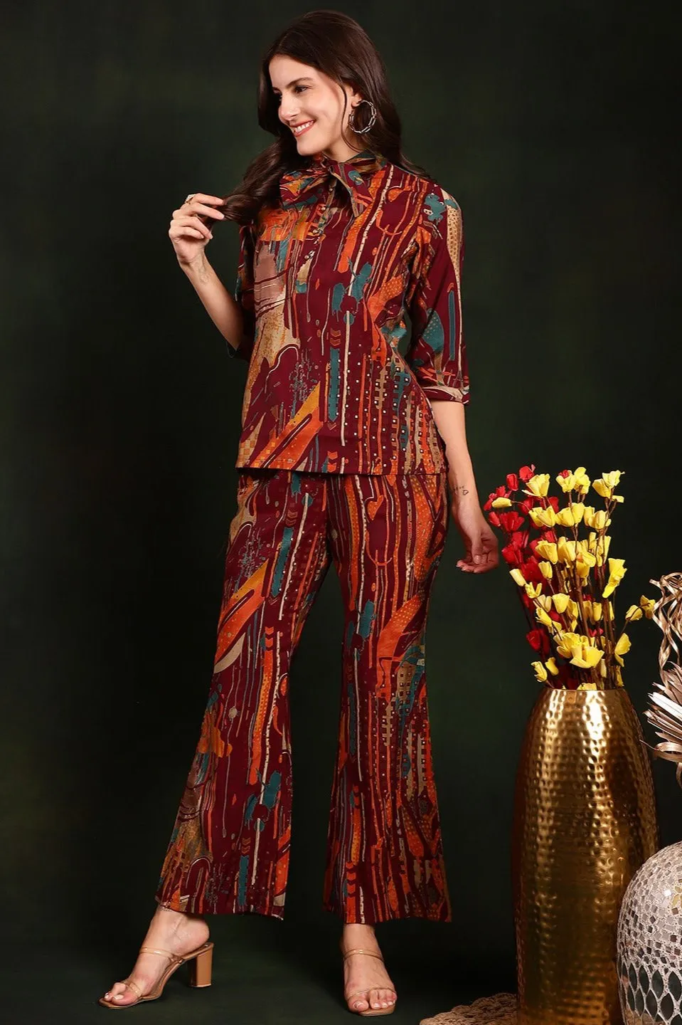 Purple Color Abstract Printed Chanderi Silk Tunic & Trousers Co-Ords Set