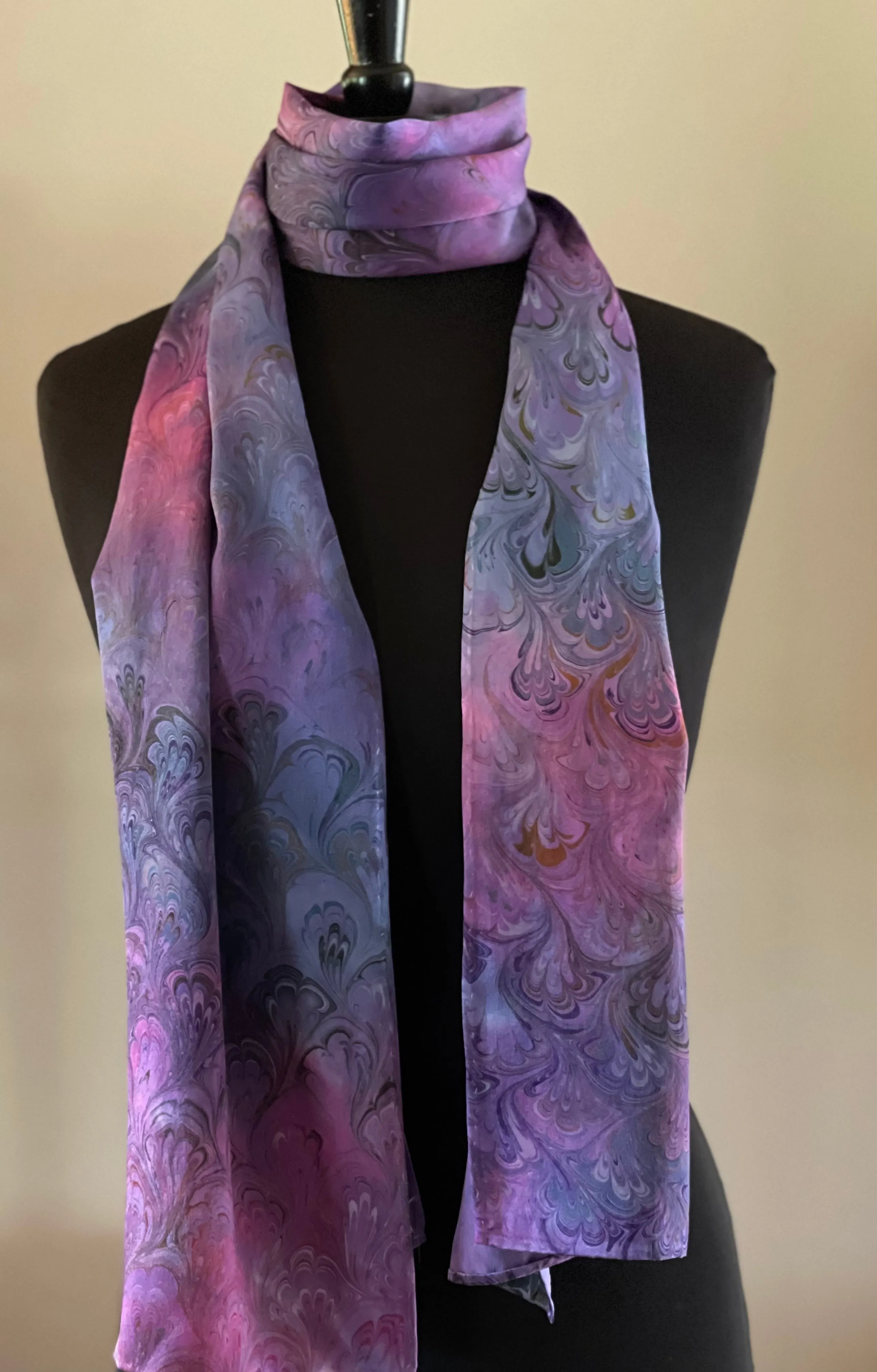 Purple multicolored bouquet marbled  Charmeuse  Silk 72x14” bold fun. This beautiful silk makes a unique dresser cover and scarf