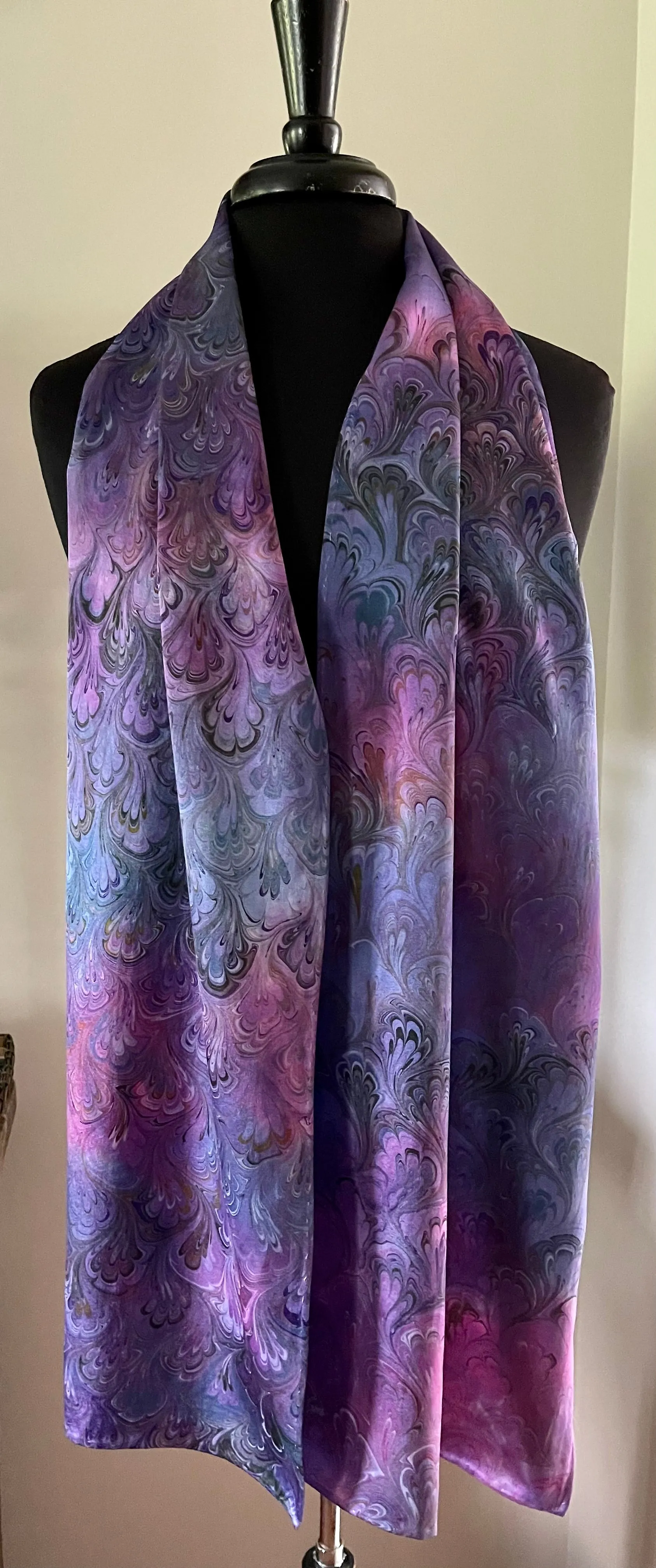 Purple multicolored bouquet marbled  Charmeuse  Silk 72x14” bold fun. This beautiful silk makes a unique dresser cover and scarf