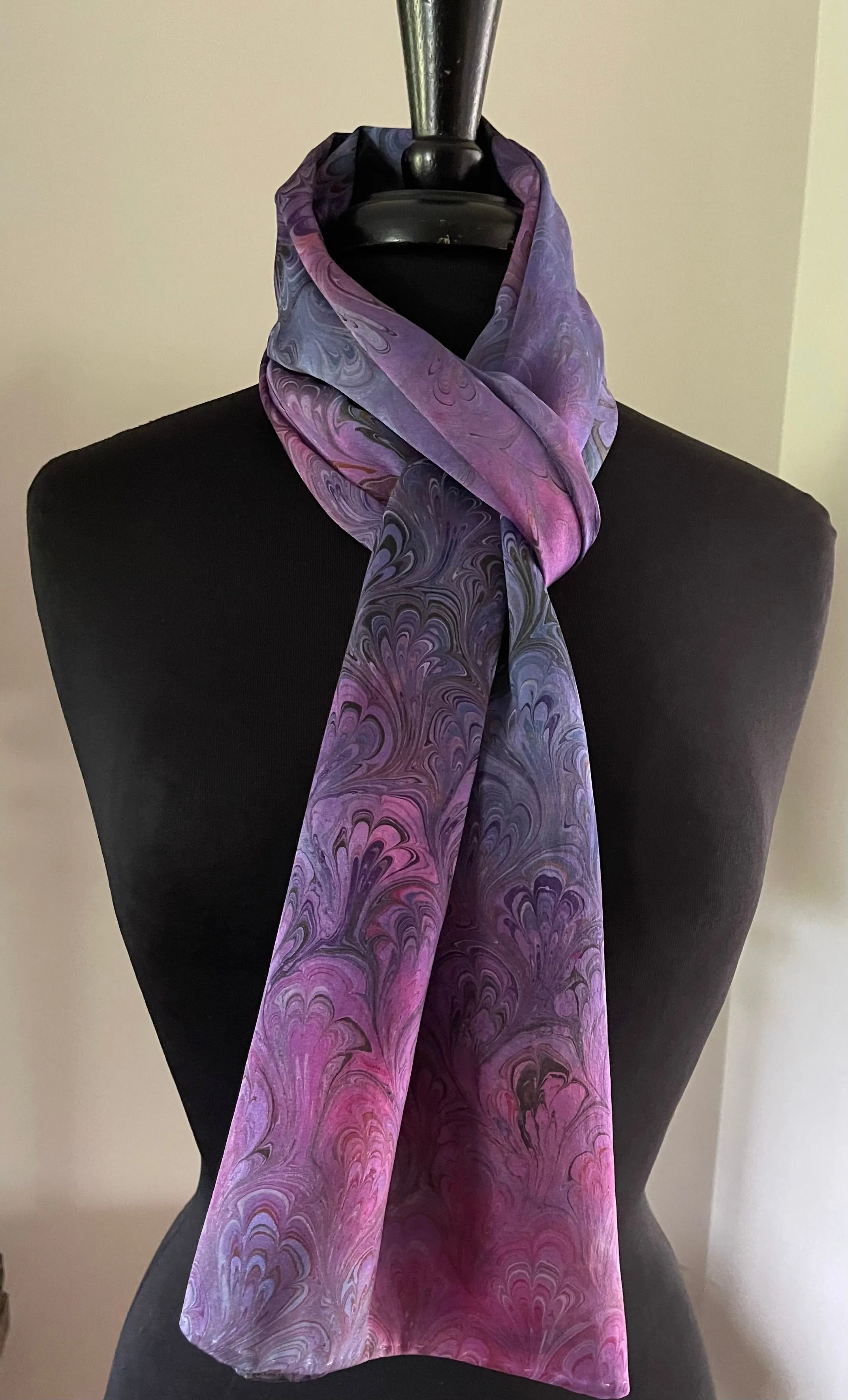 Purple multicolored bouquet marbled  Charmeuse  Silk 72x14” bold fun. This beautiful silk makes a unique dresser cover and scarf