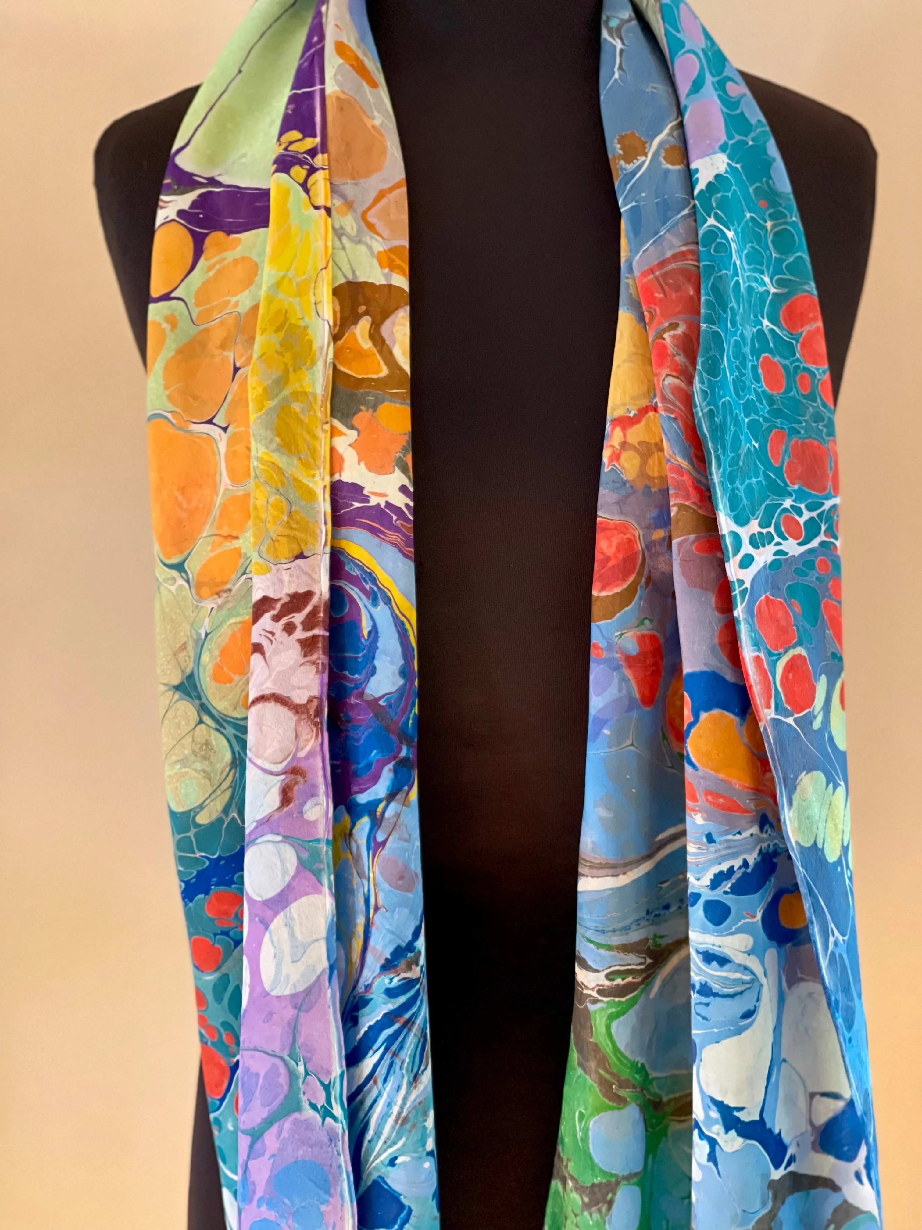 Random Colors twice marbled Charmeuse Silk 72x14” bold fun. This beautiful silk makes a unique dresser cover and  scarf