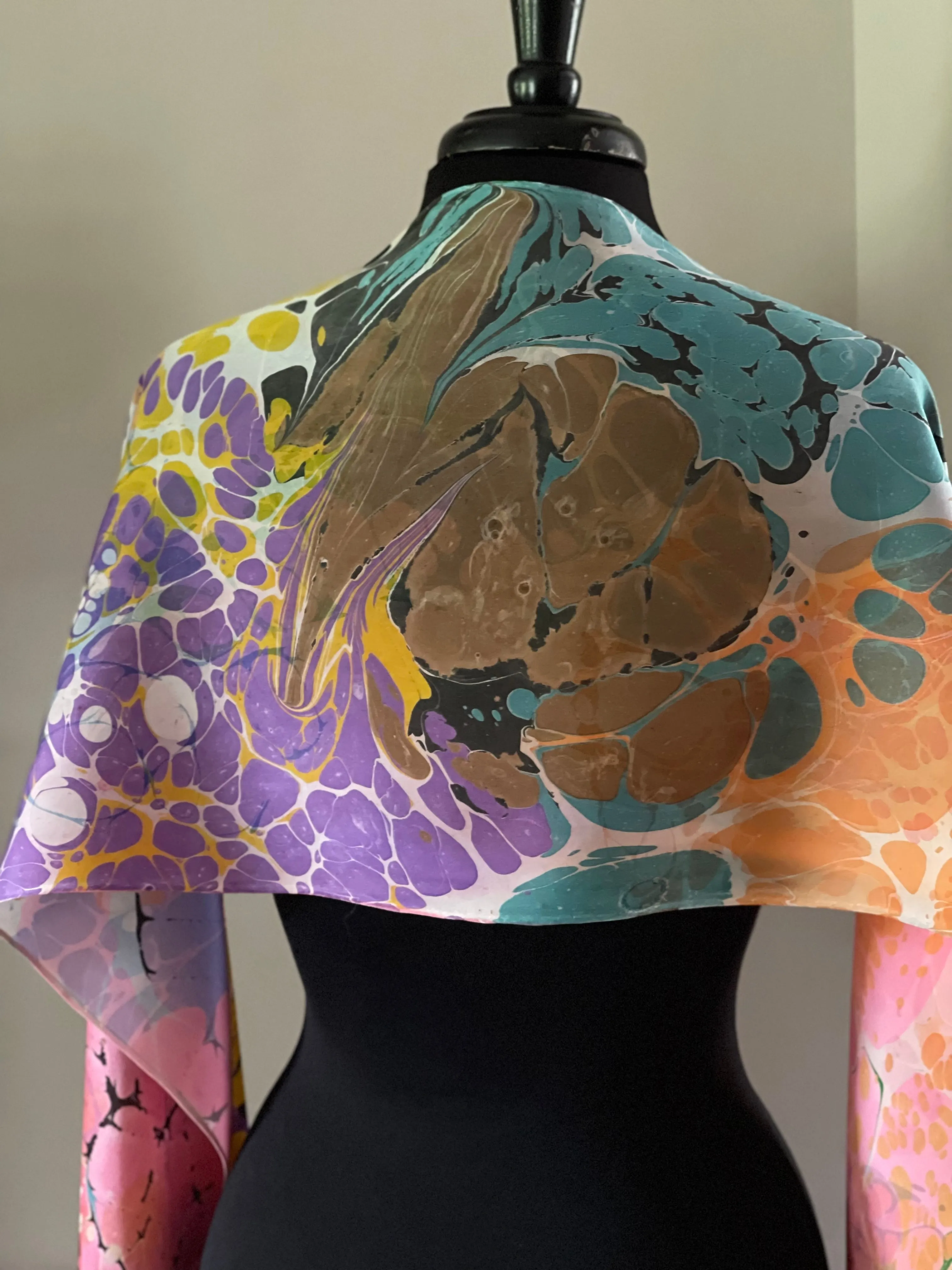 Random Colors twice marbled Charmeuse Silk 72x14” bold fun. This beautiful silk makes a unique dresser cover and scarf
