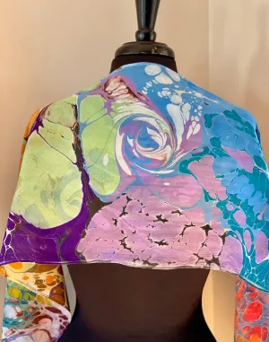 Random Colors twice marbled Charmeuse Silk 72x14” bold fun. This beautiful silk makes a unique dresser cover and  scarf
