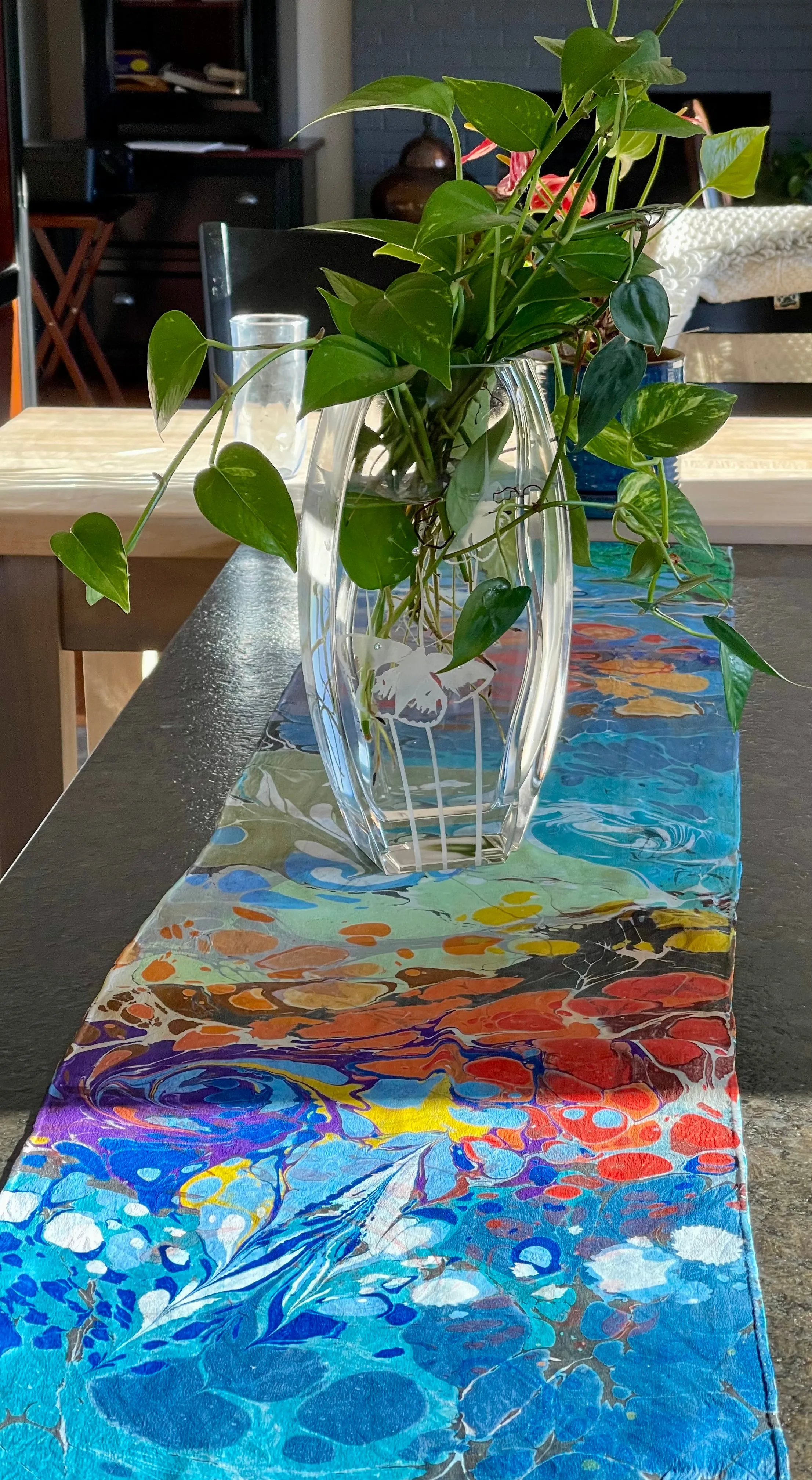 Random Colors twice marbled Charmeuse Silk 72x14” bold fun. This beautiful silk makes a unique dresser cover and  scarf
