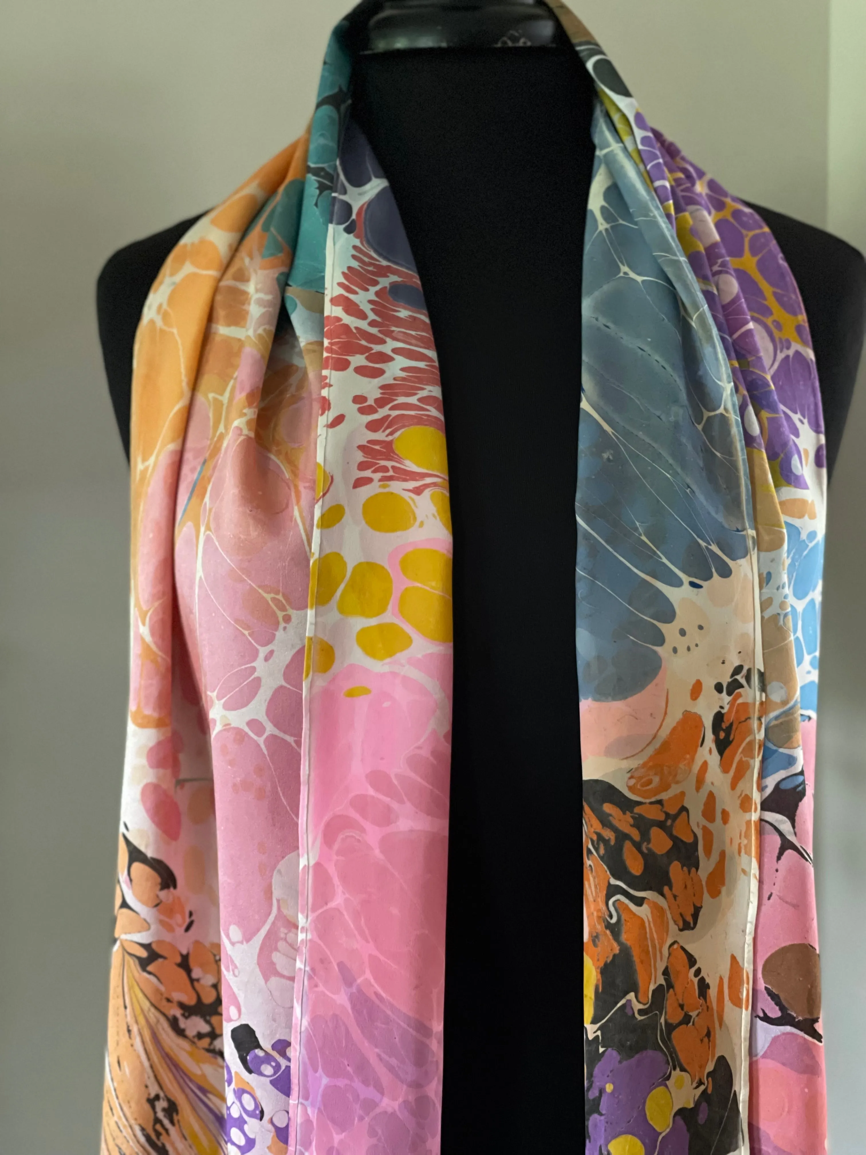 Random Colors twice marbled Charmeuse Silk 72x14” bold fun. This beautiful silk makes a unique dresser cover and scarf