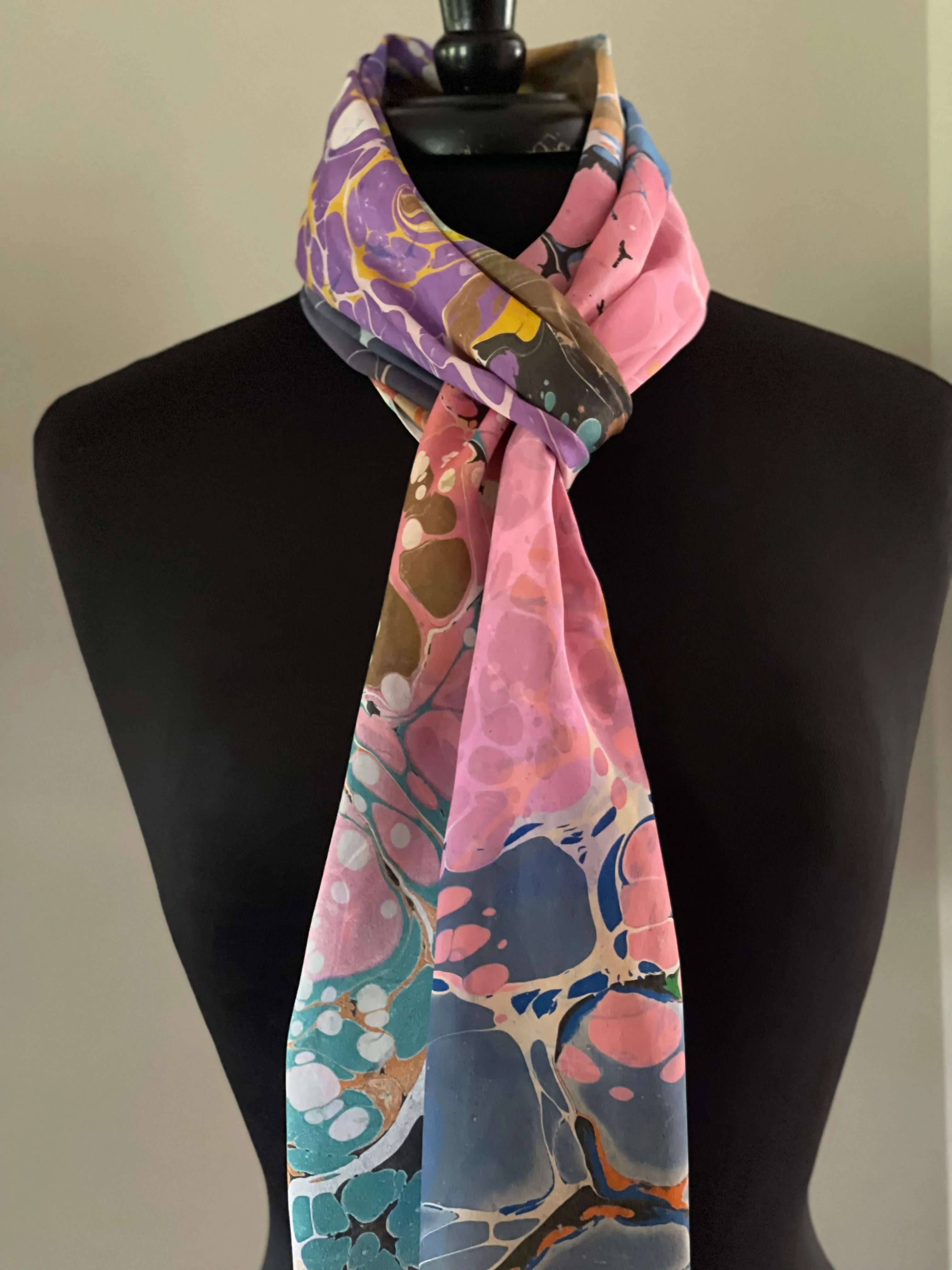 Random Colors twice marbled Charmeuse Silk 72x14” bold fun. This beautiful silk makes a unique dresser cover and scarf