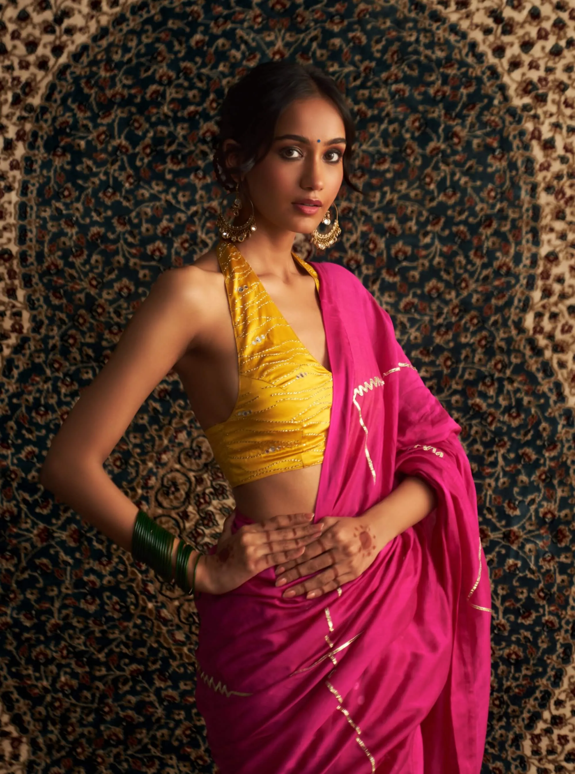 Rani pink embroidered chanderi sari and marigold blouse