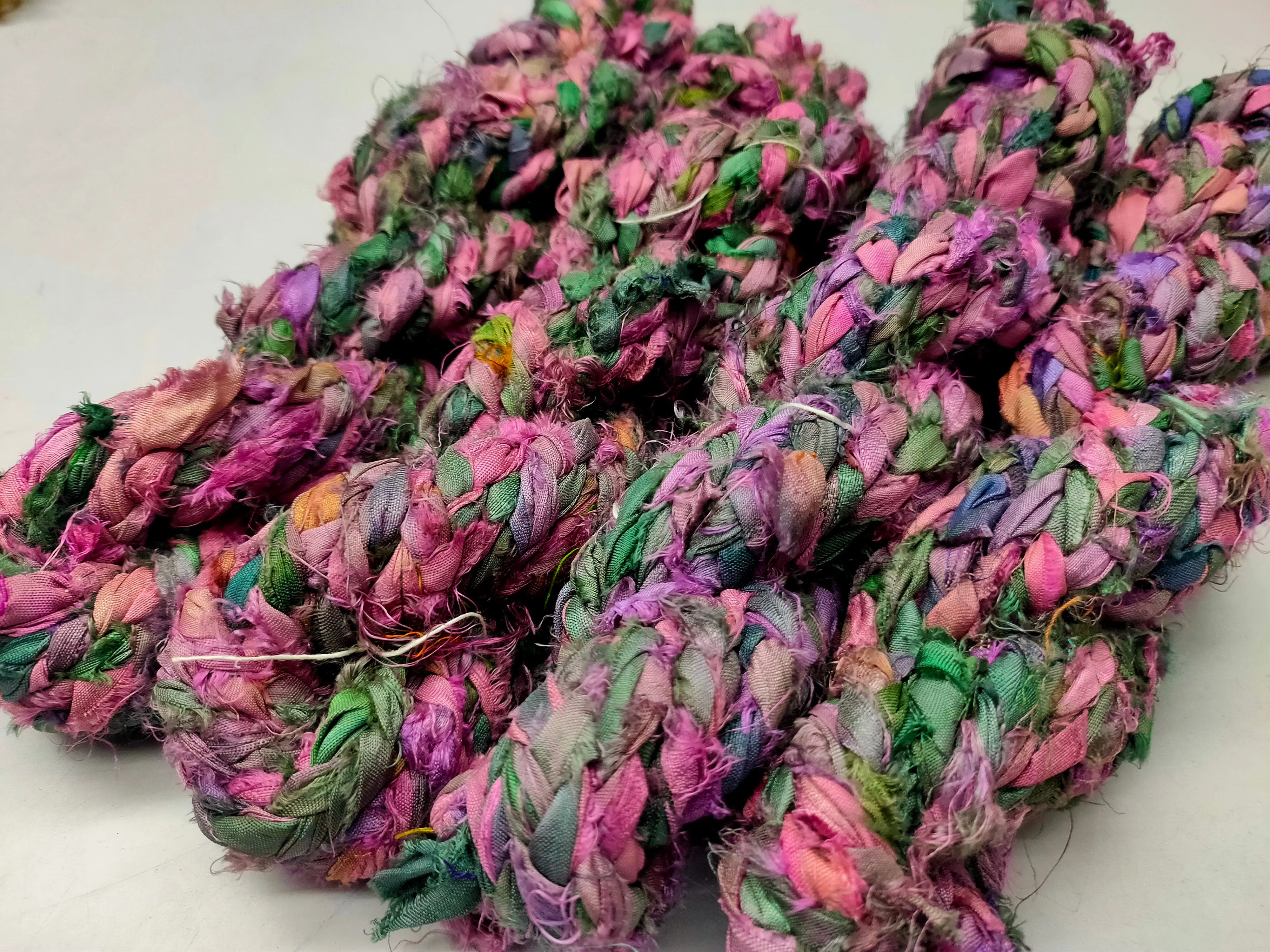 Recycled Sari Silk Ribbon Braided - Free Pink