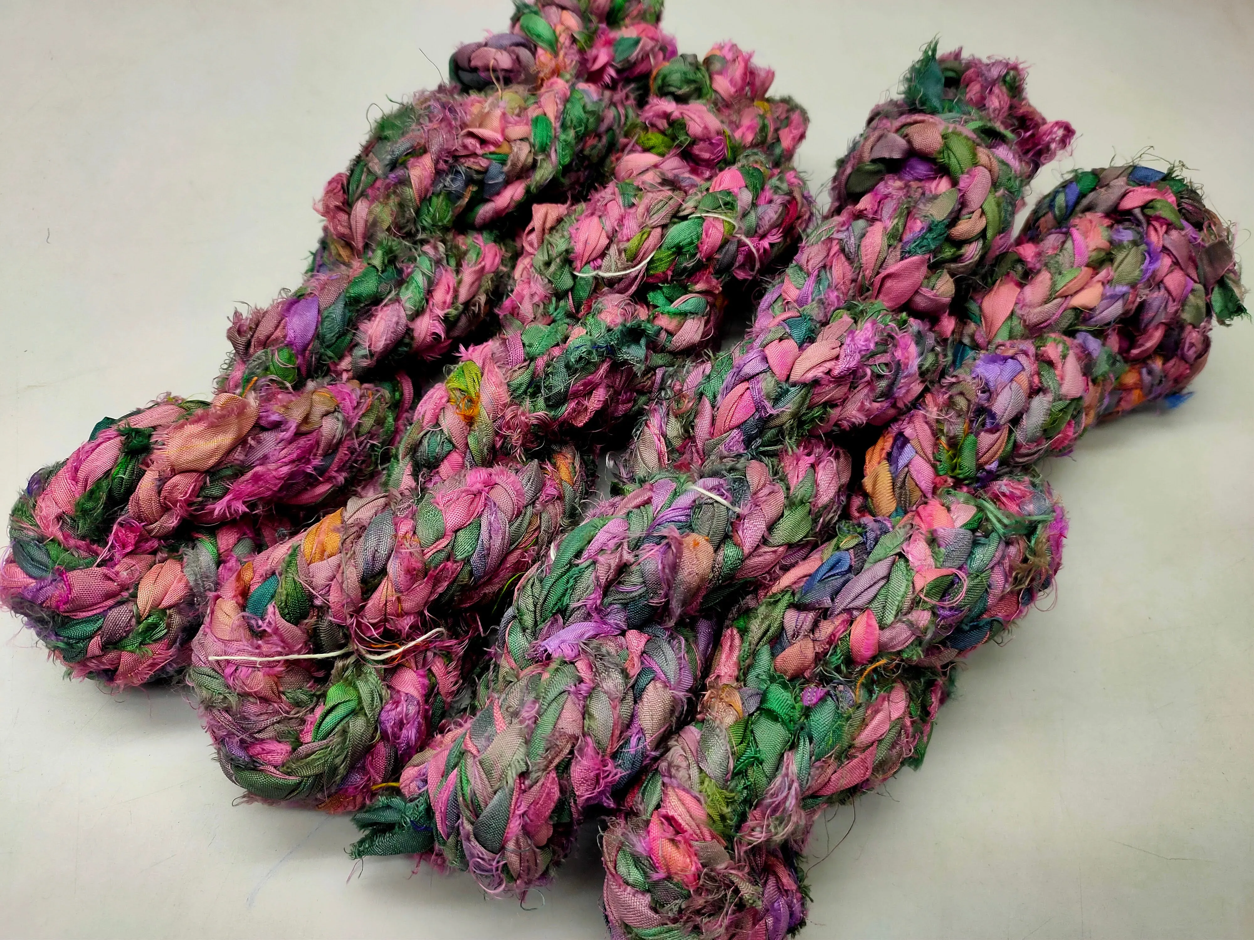 Recycled Sari Silk Ribbon Braided - Free Pink