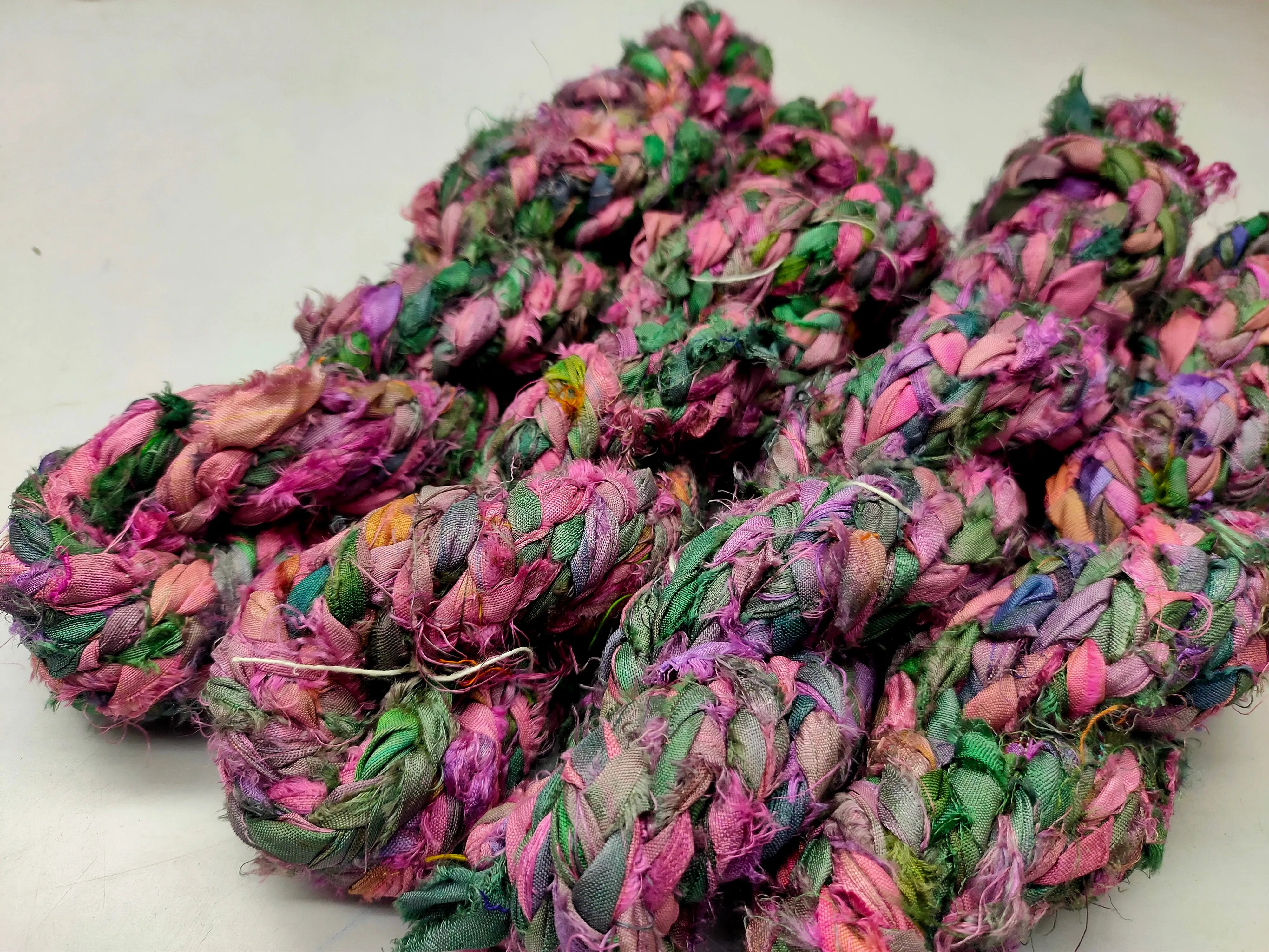 Recycled Sari Silk Ribbon Braided - Free Pink