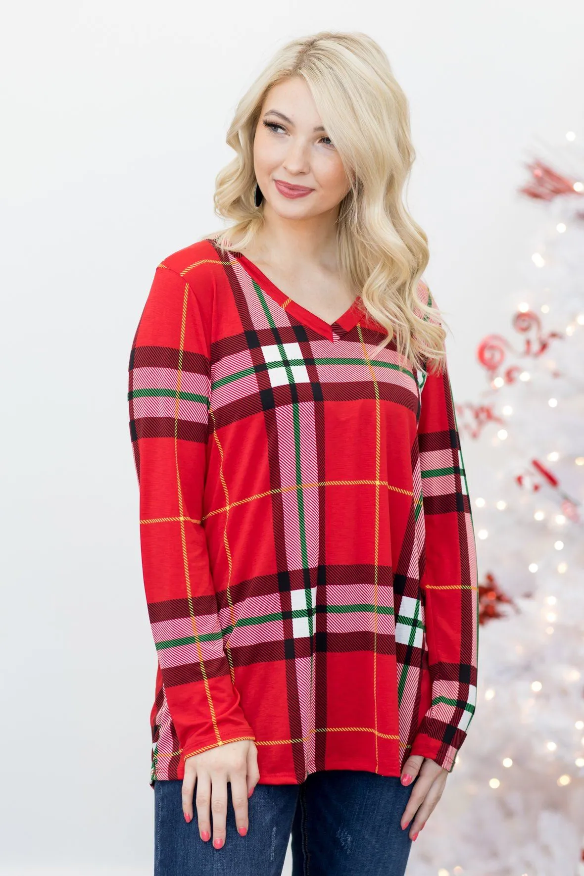 Red & Green Plaid Long Sleeve V Neck Top