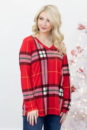 Red & Green Plaid Long Sleeve V Neck Top