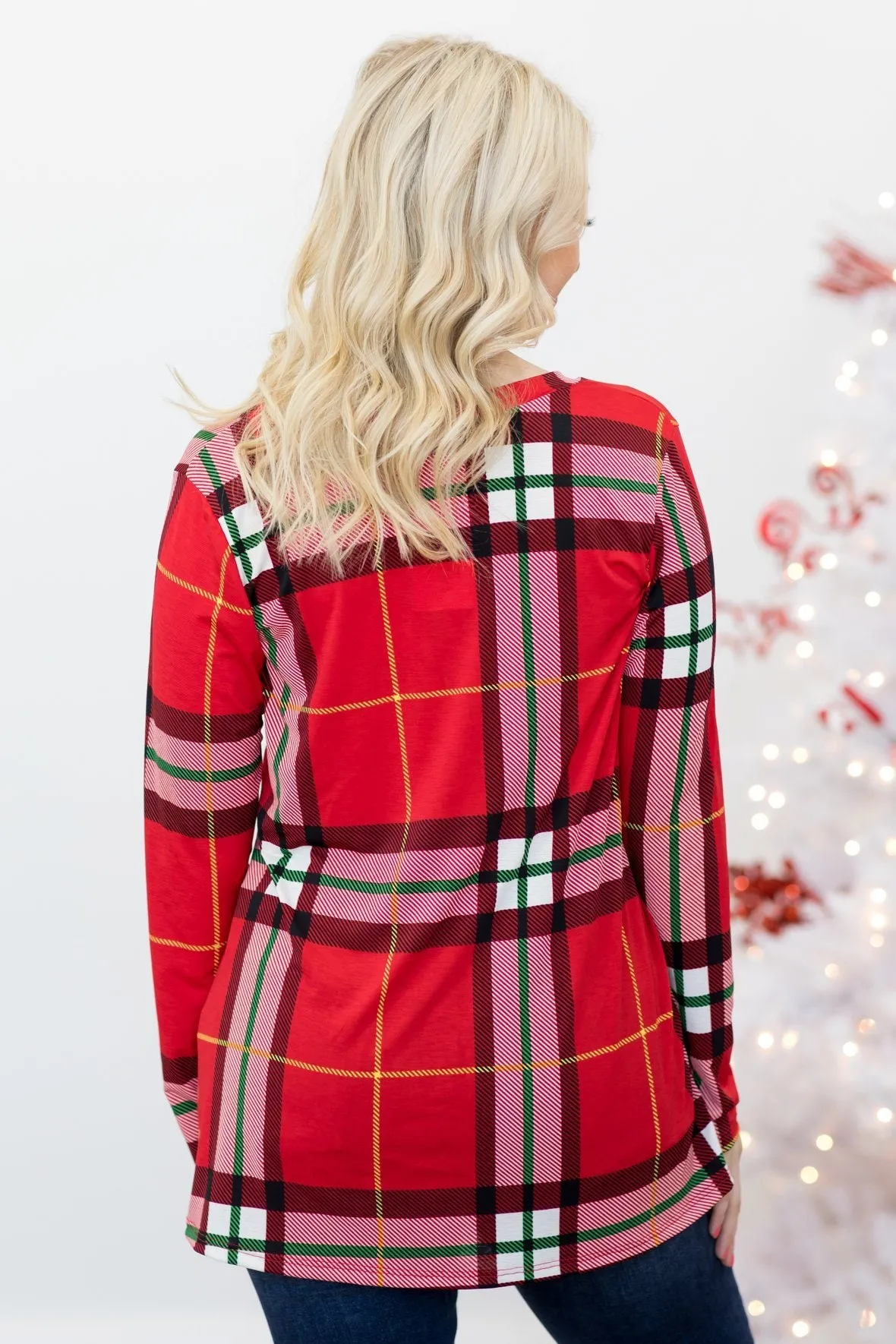 Red & Green Plaid Long Sleeve V Neck Top