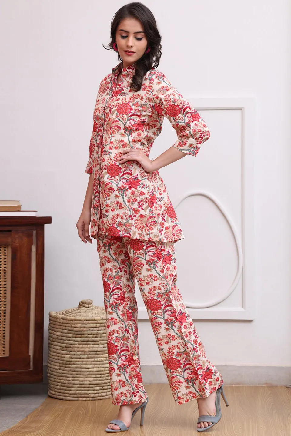 Red Color Floral Printed Cotton Co-ord Set