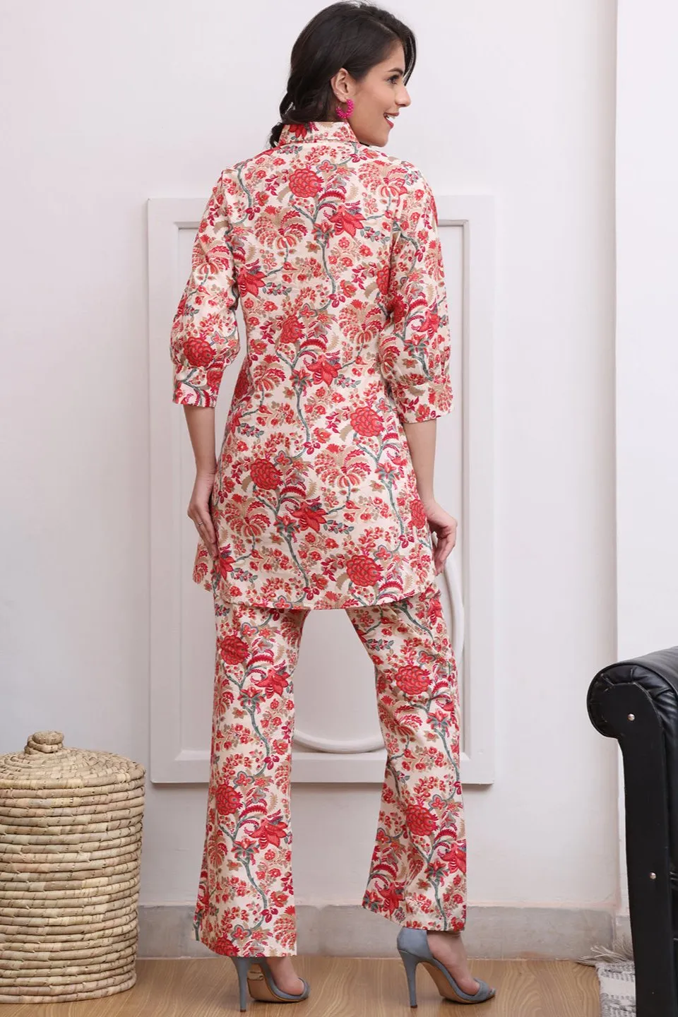 Red Color Floral Printed Cotton Co-ord Set