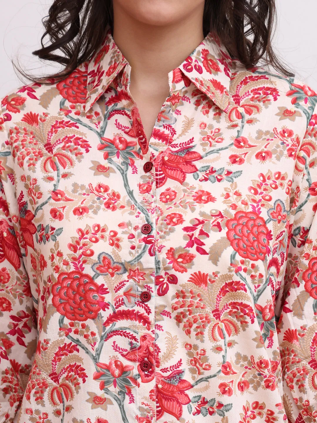Red Color Floral Printed Cotton Co-ord Set