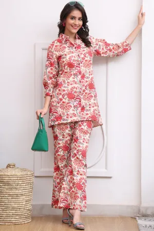 Red Color Floral Printed Cotton Co-ord Set