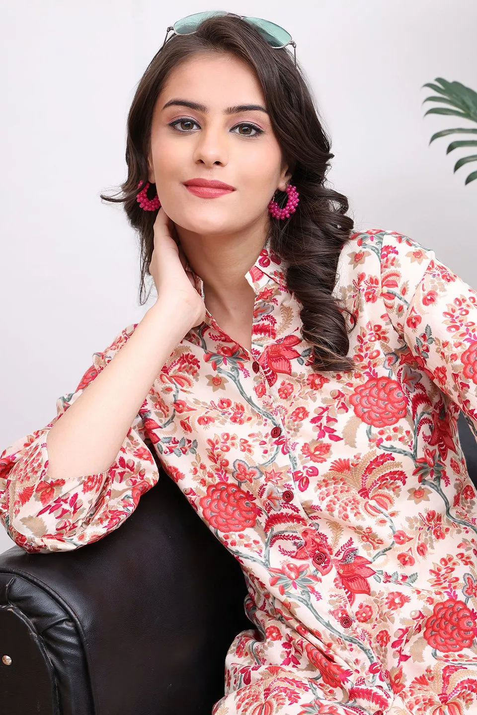Red Color Floral Printed Cotton Co-ord Set