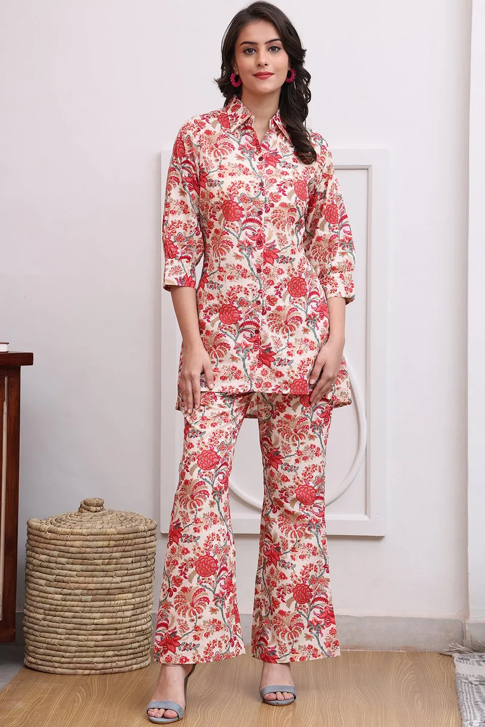 Red Color Floral Printed Cotton Co-ord Set