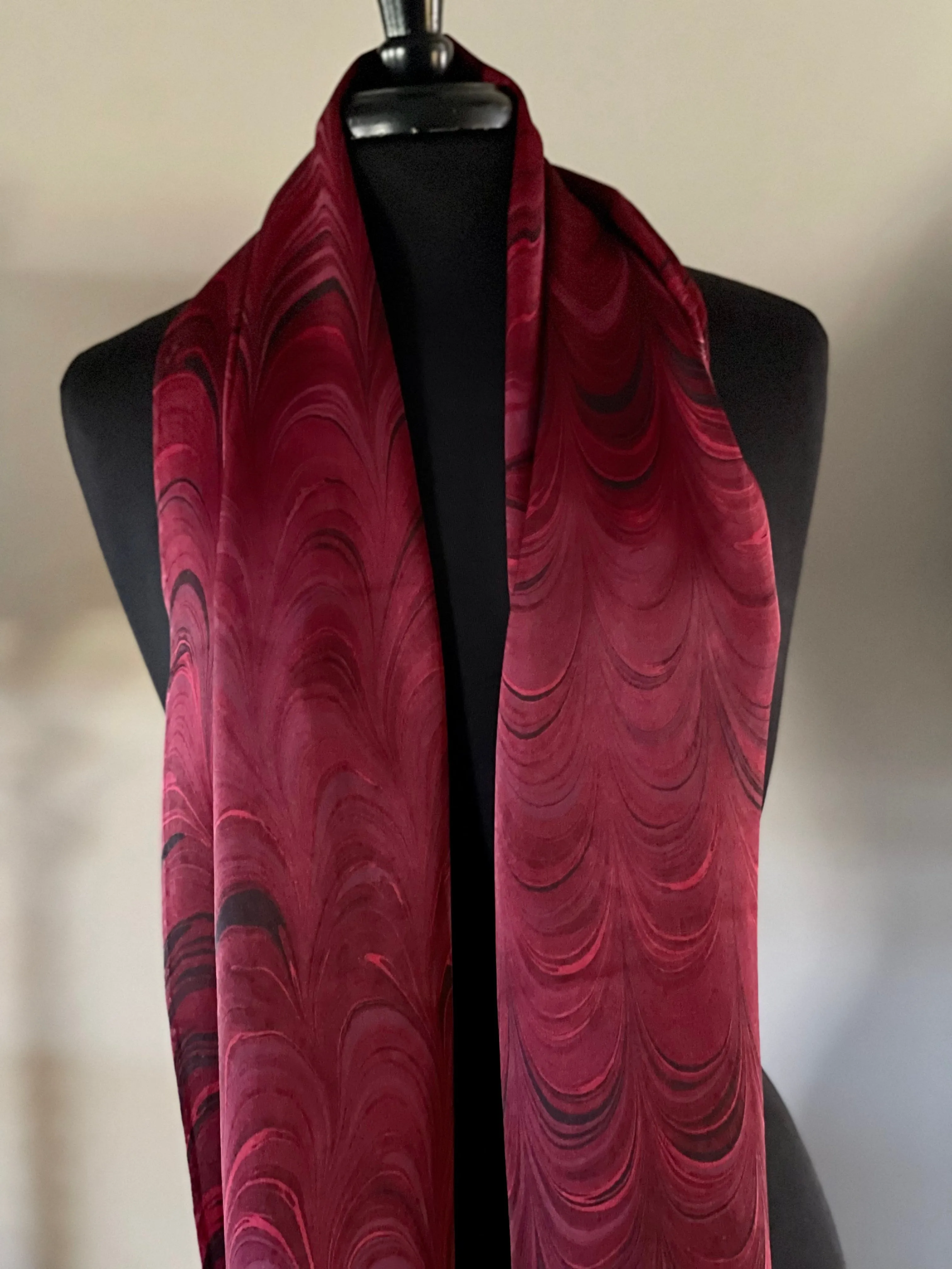 Red Combed Charmeuse Silk 72x14” bold fun. This beautiful silk makes a unique dresser cover and scarf