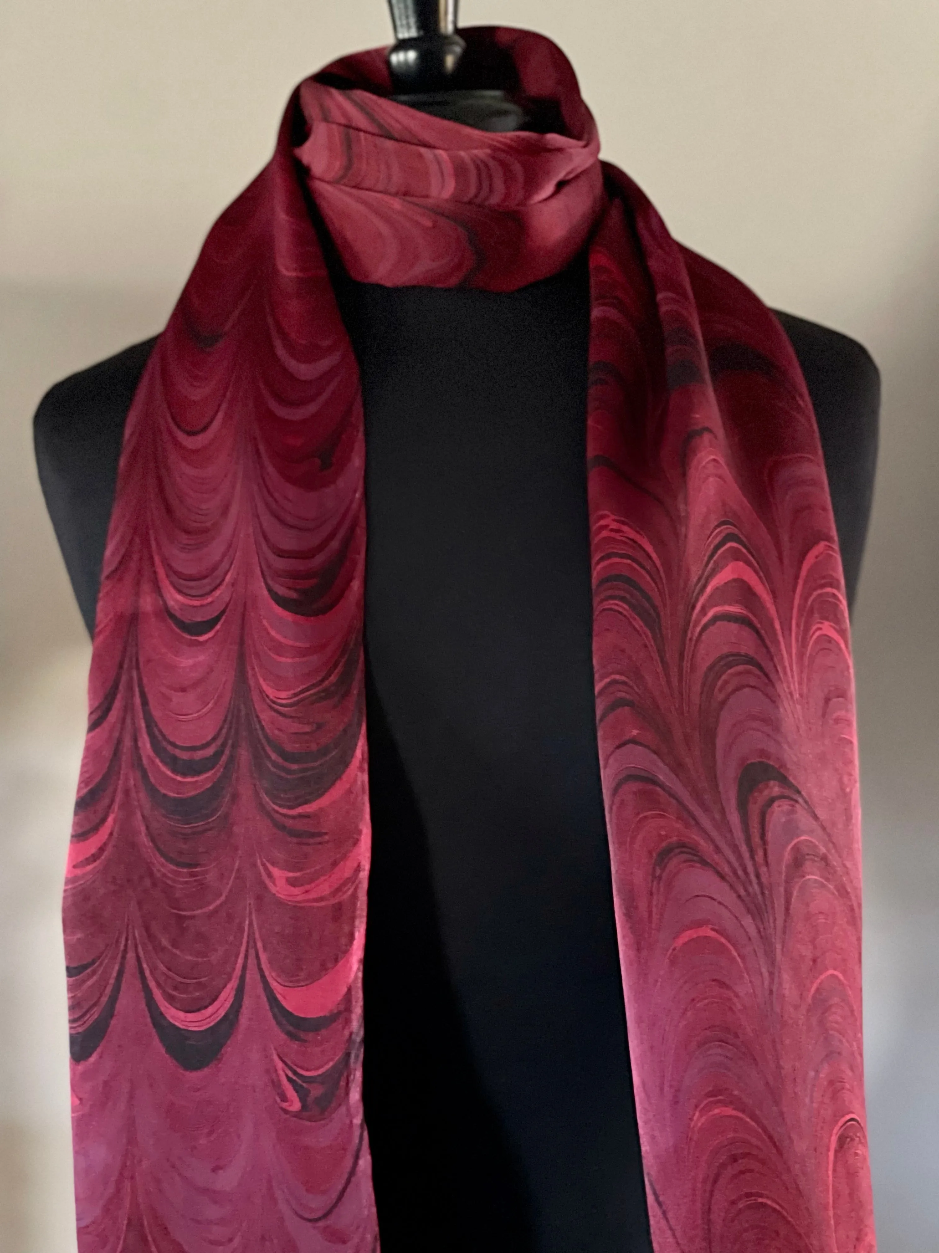 Red Combed Charmeuse Silk 72x14” bold fun. This beautiful silk makes a unique dresser cover and scarf