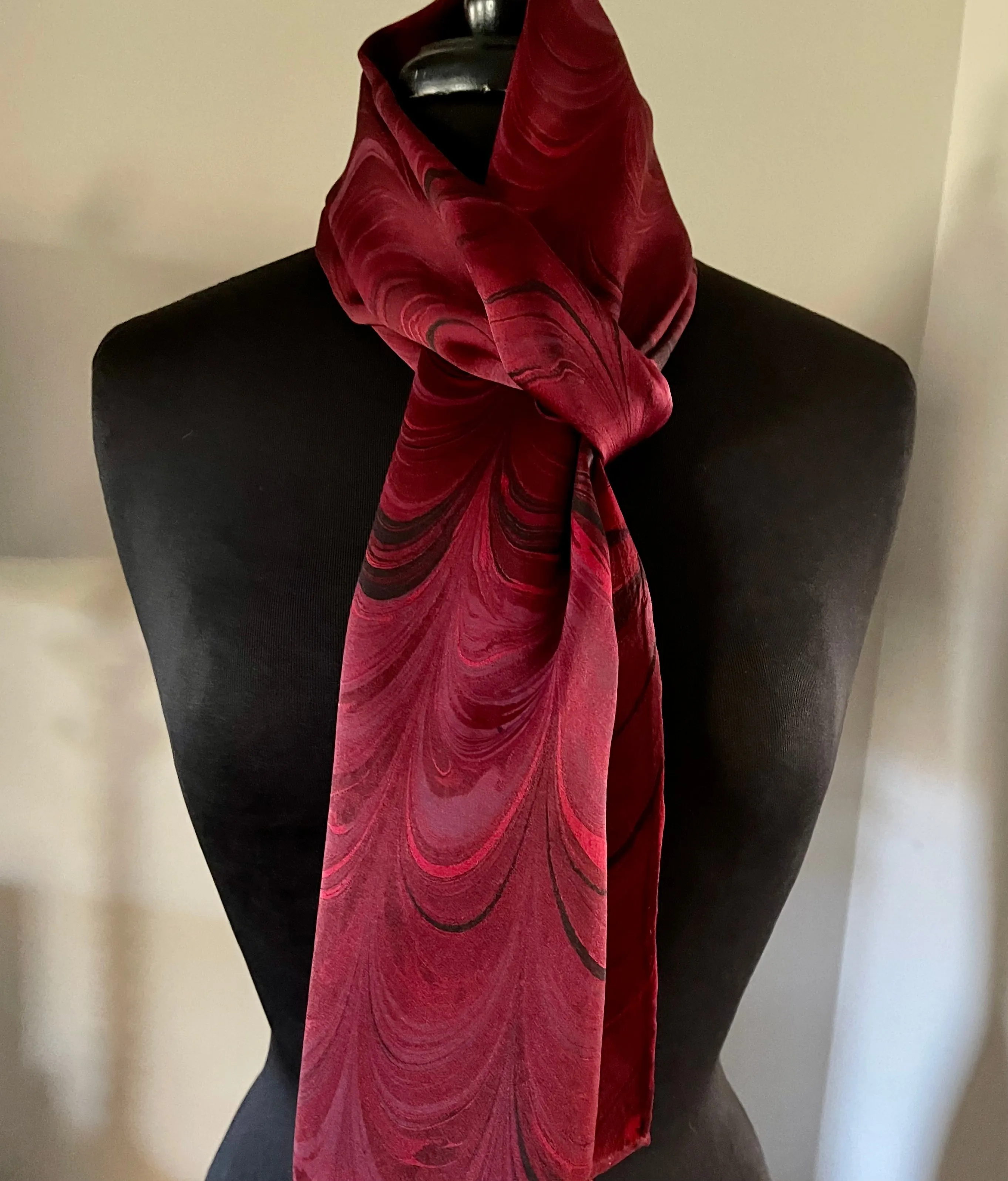 Red Combed Charmeuse Silk 72x14” bold fun. This beautiful silk makes a unique dresser cover and scarf