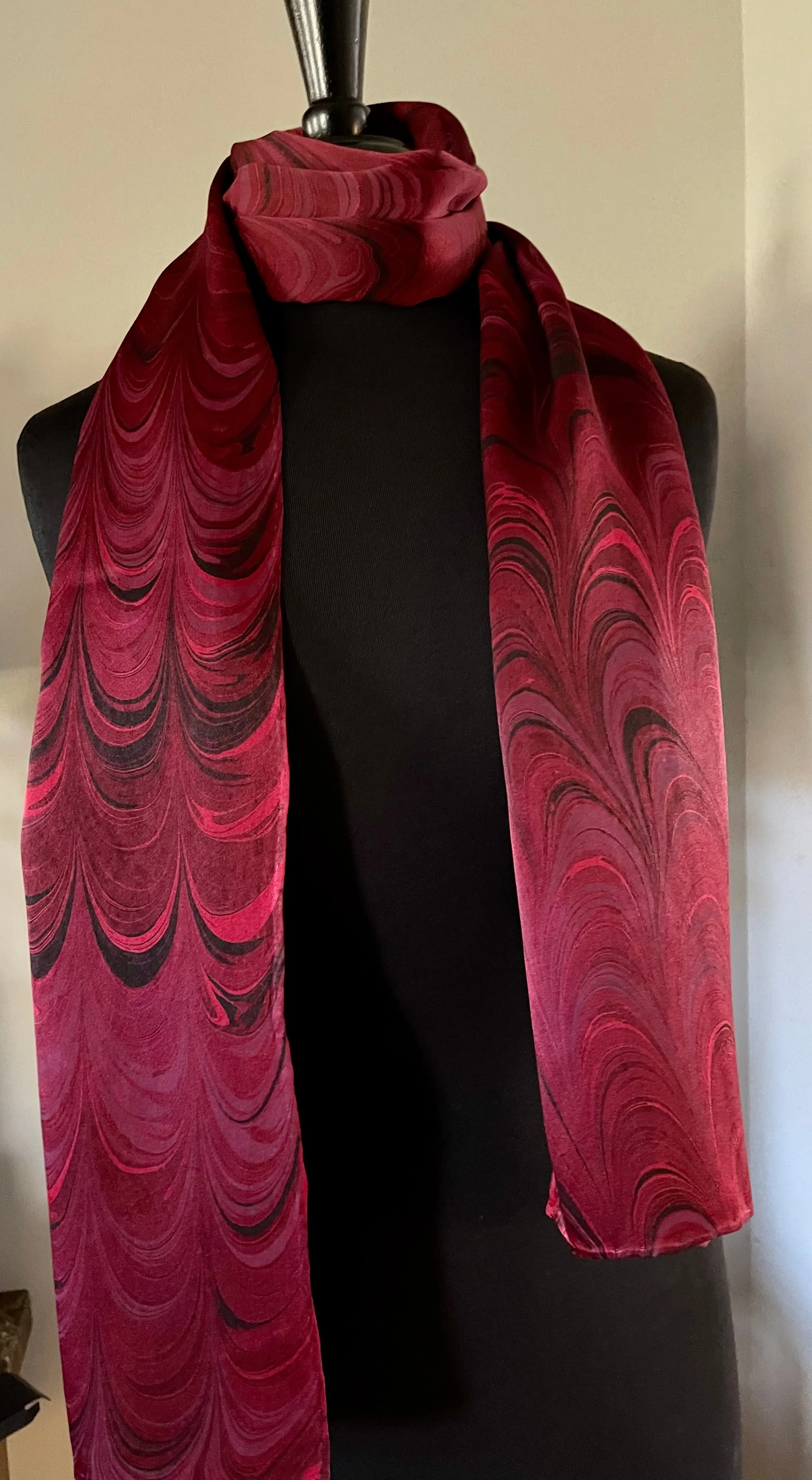 Red Combed Charmeuse Silk 72x14” bold fun. This beautiful silk makes a unique dresser cover and scarf