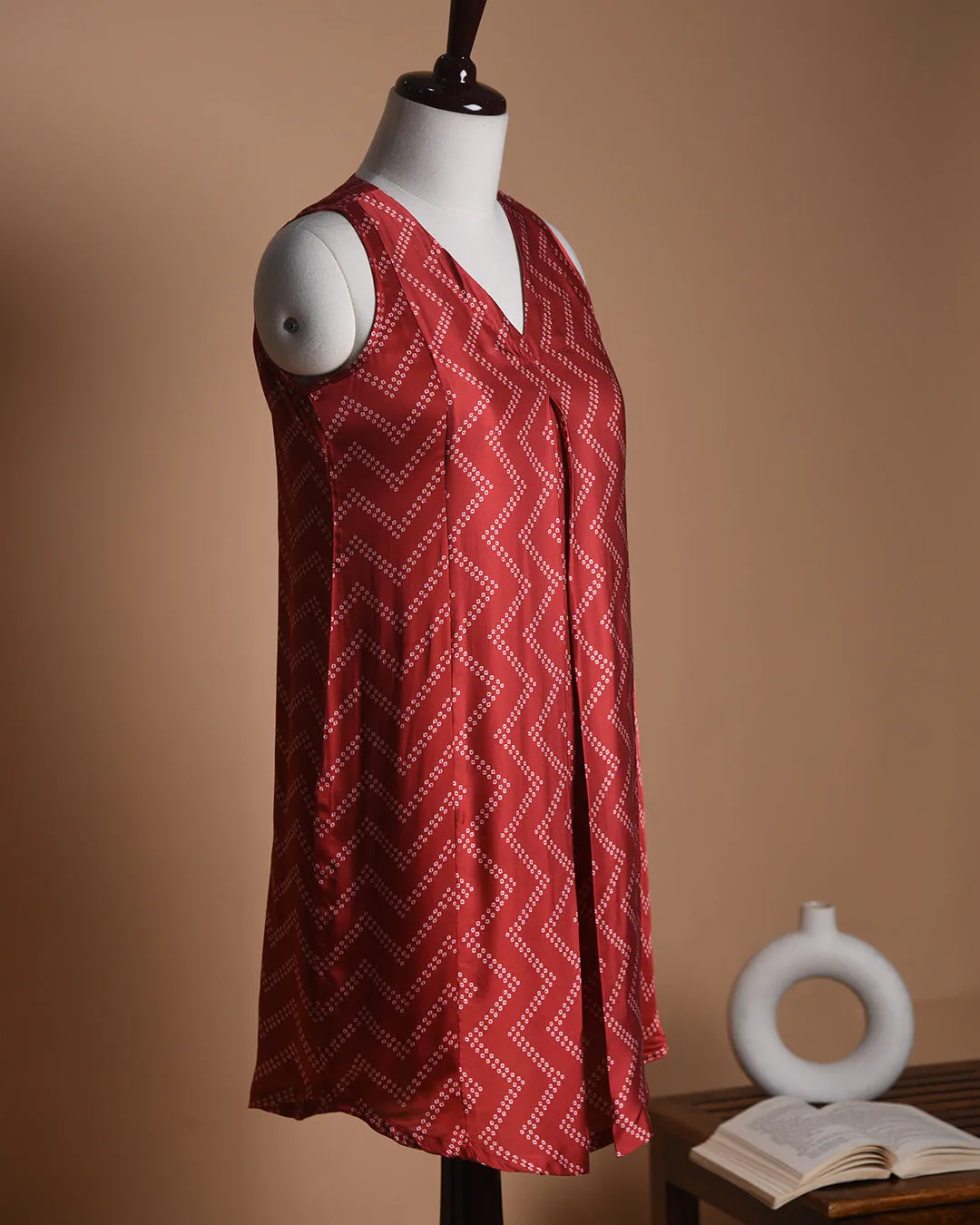 Red Ready-To-Wear Satin Silk Sleevless Tunic