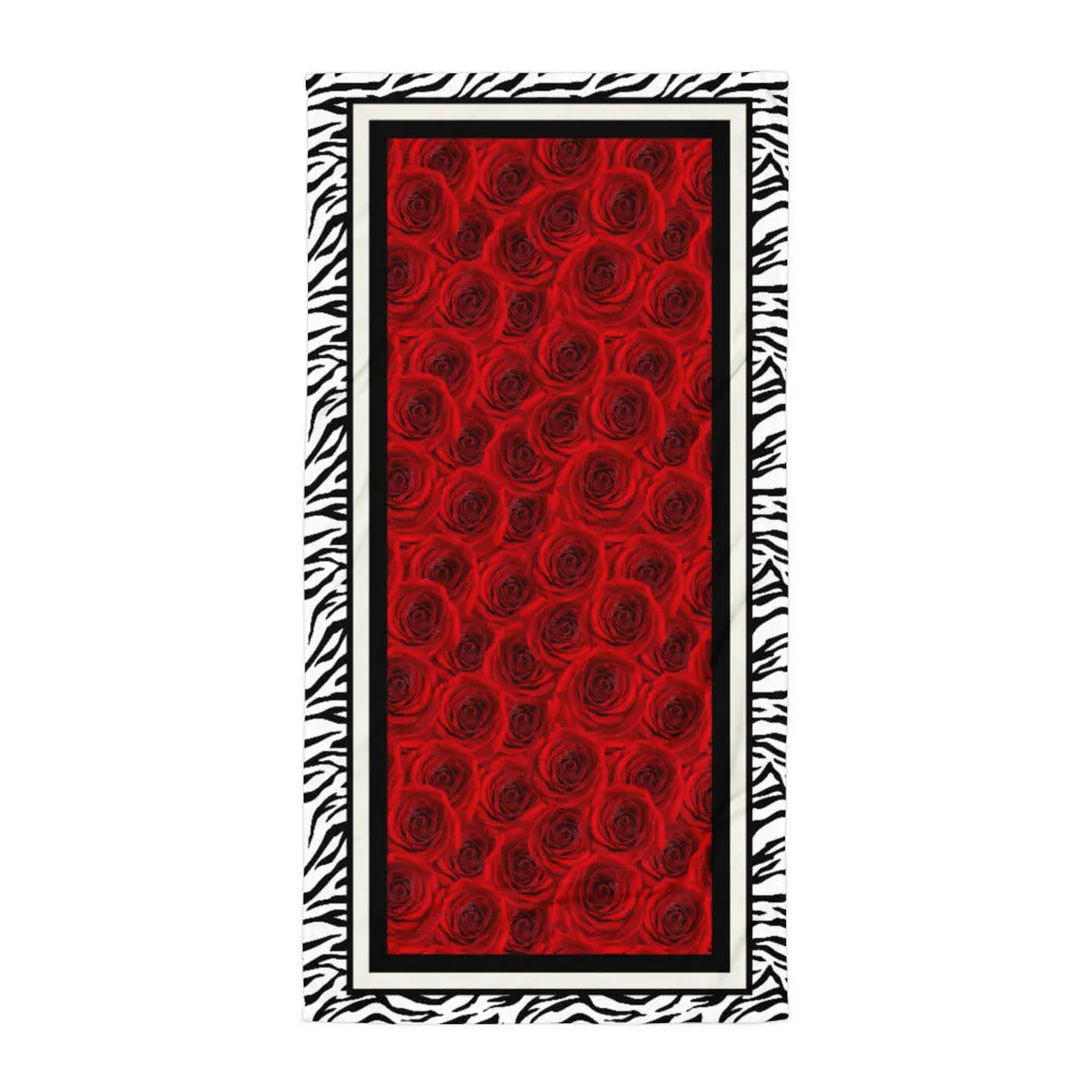Red Roses and Zebra - Beach Towel