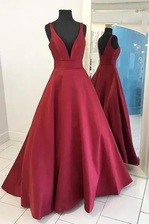 Red Satin Prom Dress Ball Gown Prom Dress Straps Evening Dress PG377