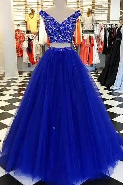 Rhinestones Two-piece Prom Gowns with Royal Blue Tulle Skirt